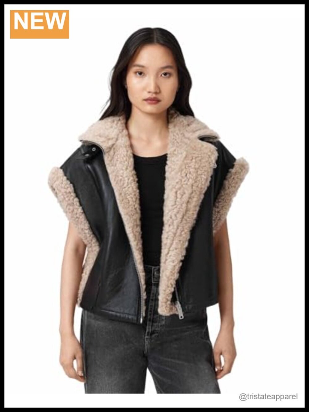 AllSaints Sheep Leather Aviator Gilet Vest Long Sleeve